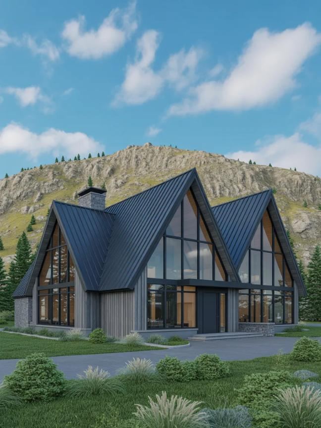 Modern A-frame home with a dark metal roof in front of a Montana hillside