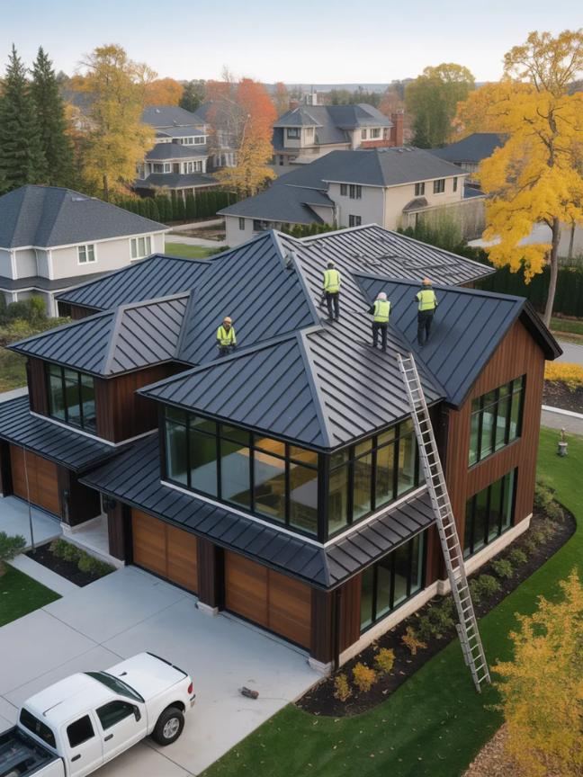 Roofing crew installing a dark standing seam roof on a two-story home in autumn